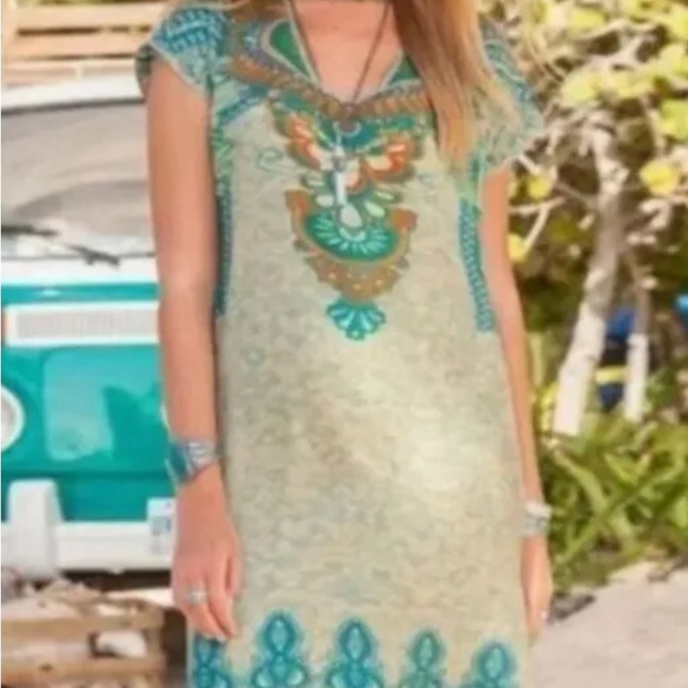 Sundance Silk Boho Western Teal Aqua Rust Orange Tunic Dress Women's Size Large